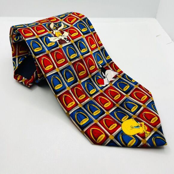 90s Looney Tunes Mania Red Blue Bugs Bunny Daffy Duck Neck Tie - Picture 1 of 4